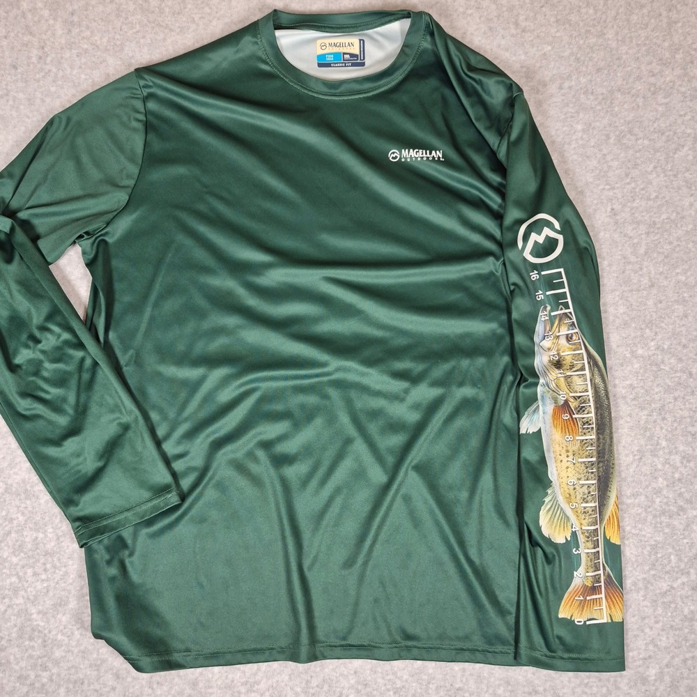 Magellan Fishing Shirt Mens 2XL Green Long Sleeve Bass Fish Graphic Ruler